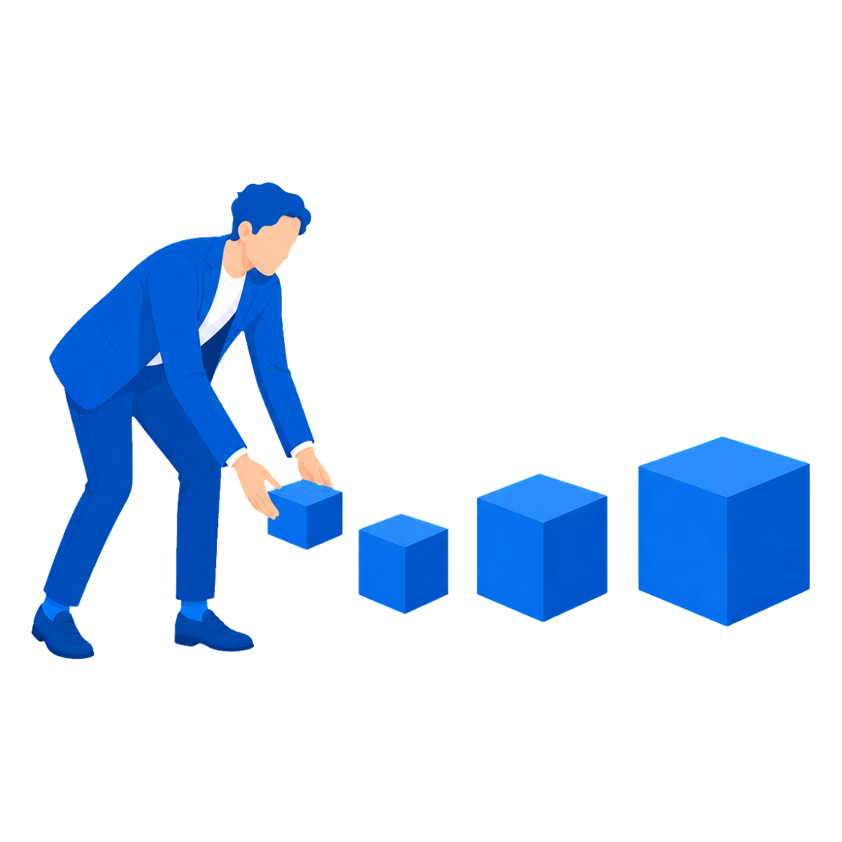 小さなブロックから大きなブロックへ積み上げる人物のイラスト