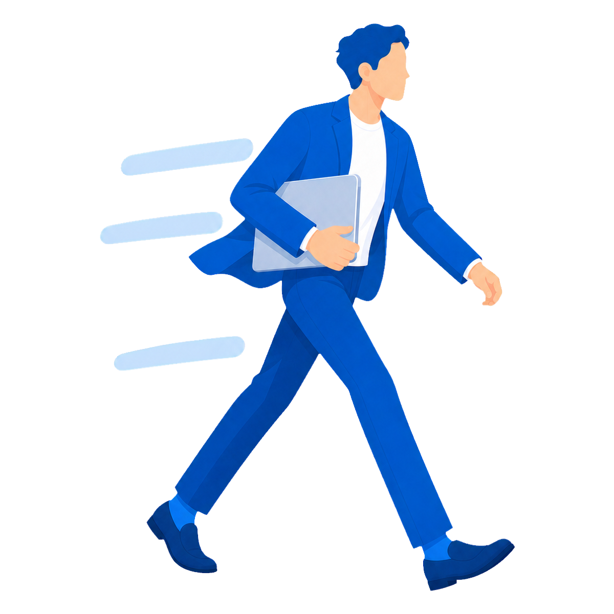 PCを抱えて足早に歩く人物のイラスト