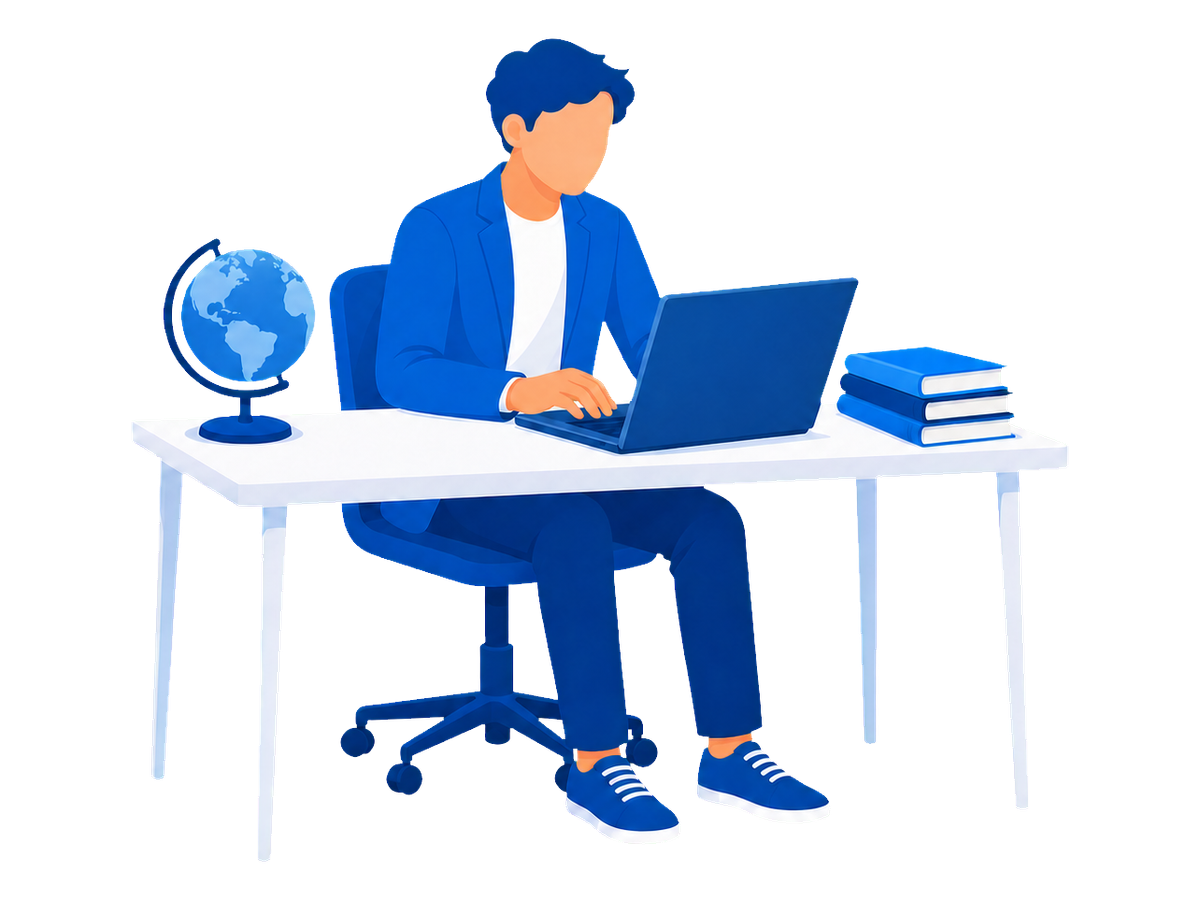 地球儀と洋書を傍らにノートPCで学ぶ人物のイラスト