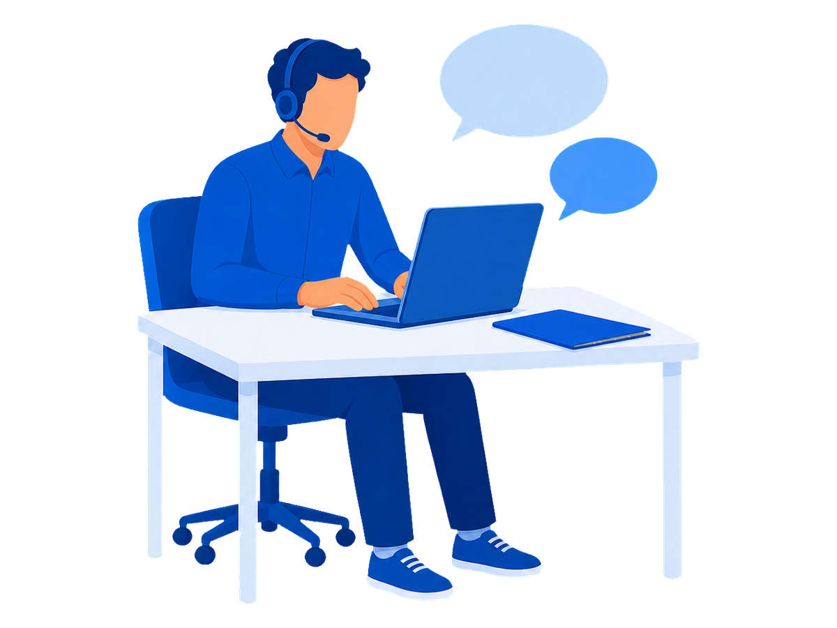 ヘッドセットを着けて2つの吹き出しで会話しながら働く人物のイラスト