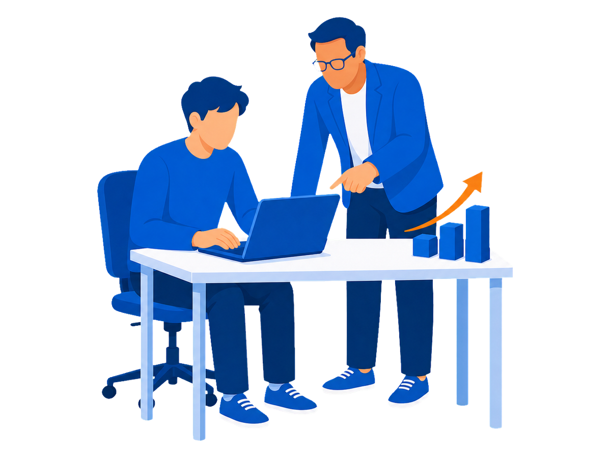 上昇グラフのそばで先輩が若手のPC作業を指導するイラスト